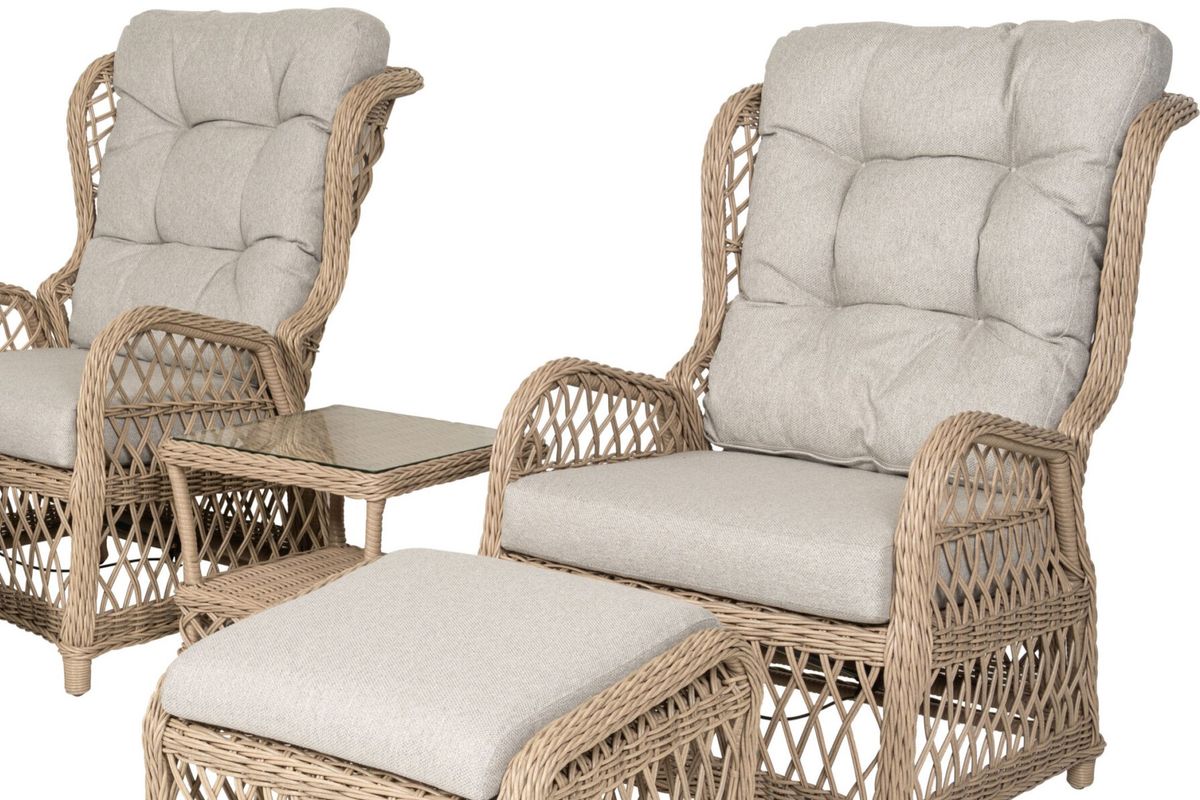 Catalina sett 2 regulerbare stoler+paller m/puter+bord - natur/lys gråbeige