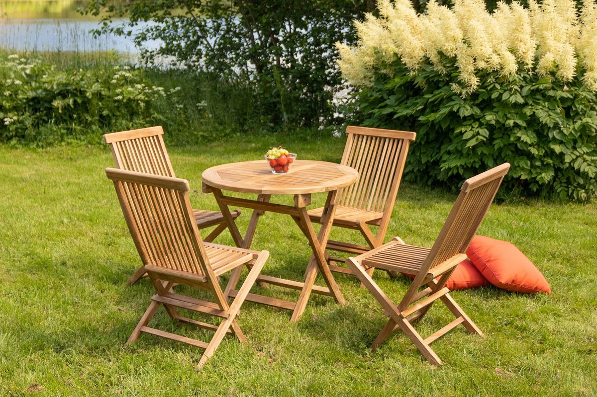Skagen sett 4 klappstoler+bord Ø80 cm - teak 